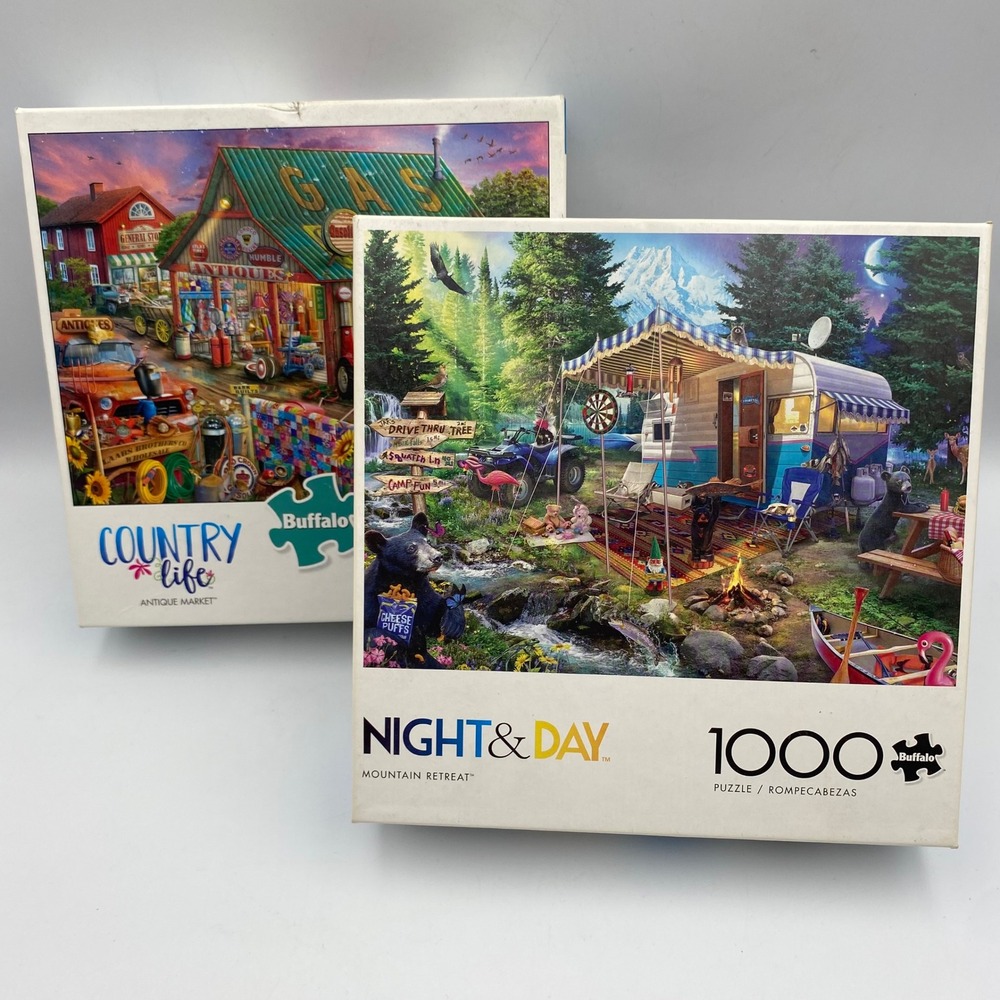 Buffalo Games 1000 Piece Jigsaw Puzzle Lot Mountain Retreat Antique Market 2pk